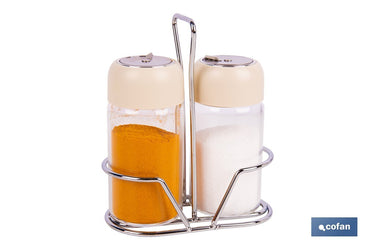 Cofan – Set de Salero y Pimentero con Soporte | Vidrio Borosilicato | Tapas Beige | 120 ml | Juego de 2 Piezas | Dosificación Controlada